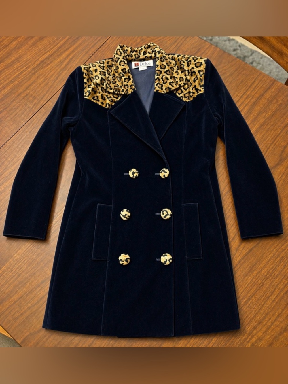 Vintage Dolce Velvet Coat M Navy Leopard Collar Longline Jacket